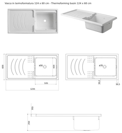 Negrari Magica 2800DX Lavatoio Coprilavatrice Montato Bianco 124x60 H89 cm Vasca Destra Lavatrice Sinistra Mobile Lavanderia Nobilitato Idrofugo Ante Lucide Lavabo Polipropilene Asse Legno Chiusura Rallentata Salvafondo Alluminio Sifone Piletta Piedini