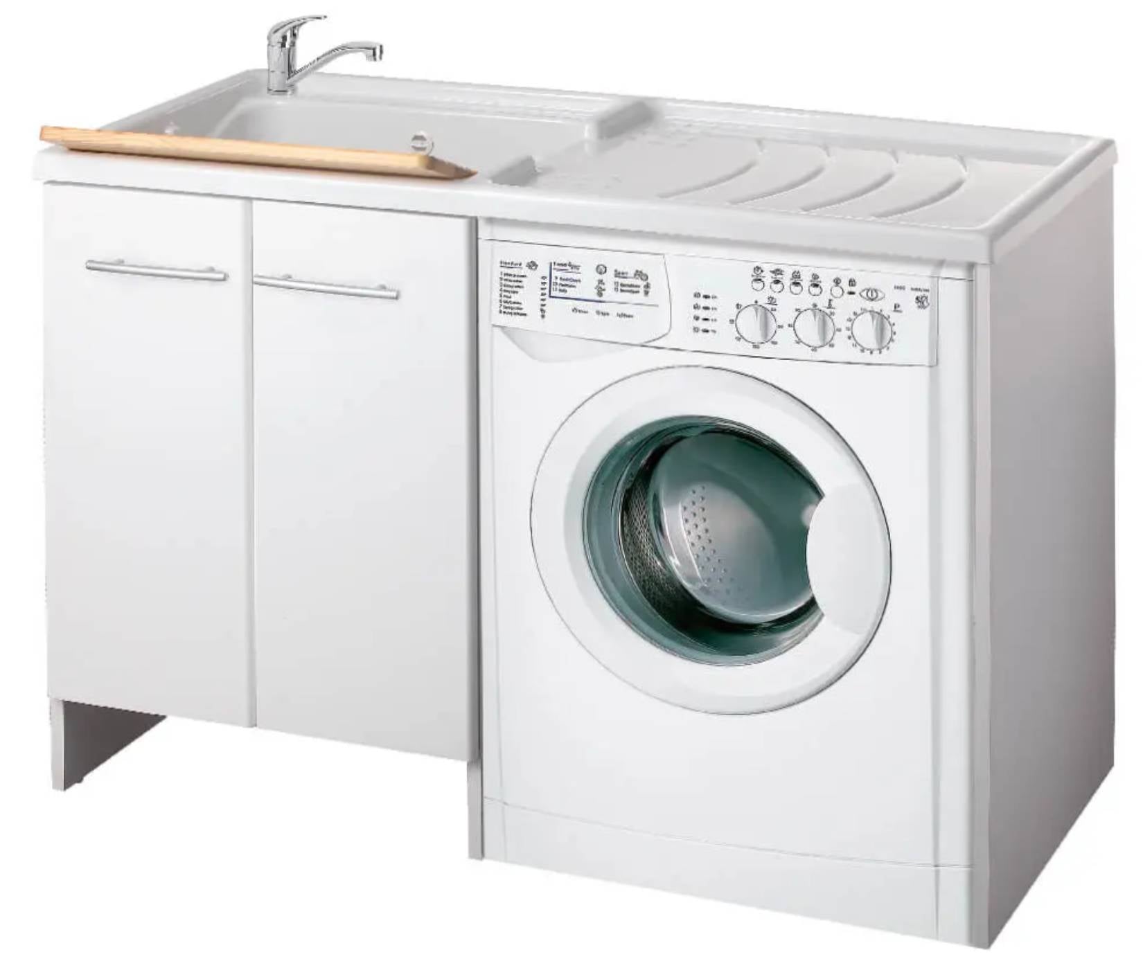 Negrari Magica 2800SX Lavatoio Coprilavatrice Montato Bianco 124x60 H89 cm Vasca Sinistra Lavatrice Destra Mobile Lavanderia Nobilitato Idrofugo Ante Lucide Lavabo Polipropilene Asse Legno Chiusura Rallentata Salvafondo Alluminio Sifone Piletta Piedini
