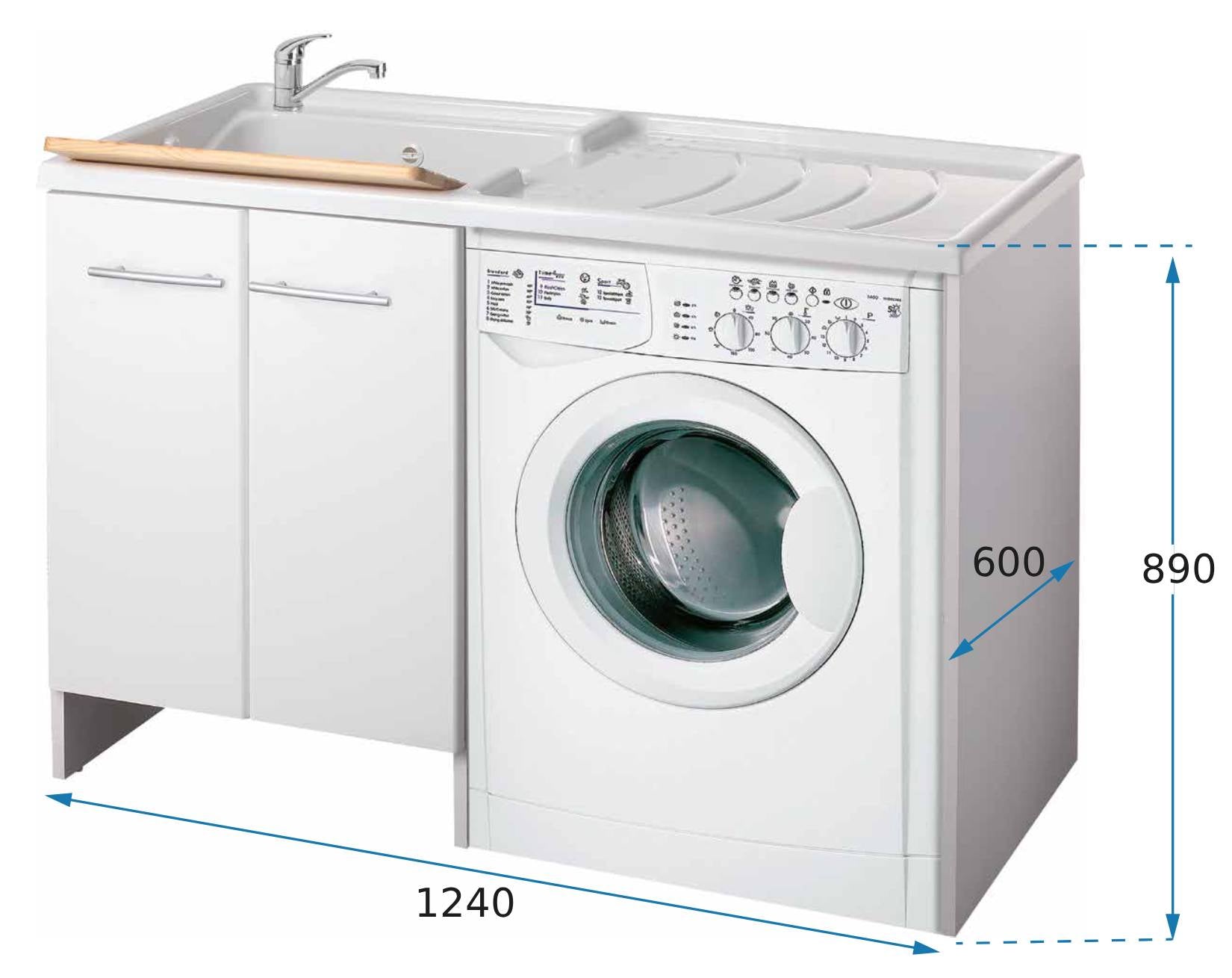 Negrari Magica 2800SX Lavatoio Coprilavatrice Montato Bianco 124x60 H89 cm Vasca Sinistra Lavatrice Destra Mobile Lavanderia Nobilitato Idrofugo Ante Lucide Lavabo Polipropilene Asse Legno Chiusura Rallentata Salvafondo Alluminio Sifone Piletta Piedini