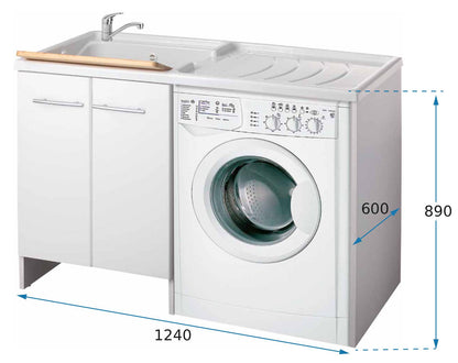 Negrari Magica 2800SX Lavatoio Coprilavatrice Montato Bianco 124x60 H89 cm Vasca Sinistra Lavatrice Destra Mobile Lavanderia Nobilitato Idrofugo Ante Lucide Lavabo Polipropilene Asse Legno Chiusura Rallentata Salvafondo Alluminio Sifone Piletta Piedini