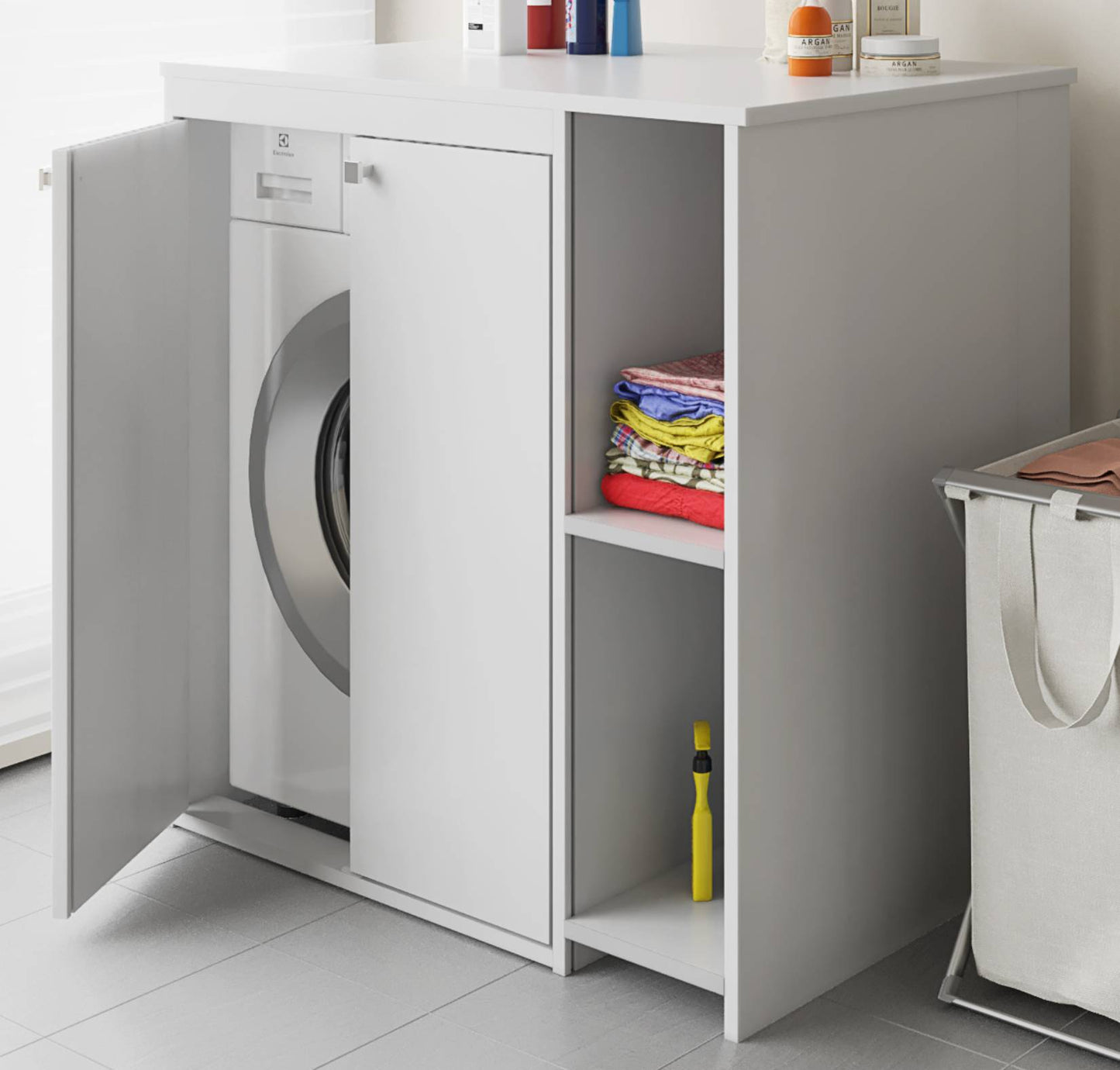 Negrari Onda Pro 5012PRO Coprilavatrice Con Scaffali Bianco Misura 94x60 H94 cm Mobile Contieni Proteggi Lavatrice PVC Due Ripiani Resistente All’Acqua Apertura 2 Ante Battente Piedini Regolabili Da Montare Per Lavanderia Interno Esterno Ambienti Umidi