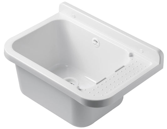 Negrari Pilozzo 2051 Vasca Bianco Lucido 50X34 H21 cm Capacità 13,5 Litri Lavabo a Muro in Polipropilene Resistente ad Agenti Atmosferici Acidi Prodotti Chimici Adatto Per Interno Esterno Bagno Lavanderia Con Appoggio Ripiano Sifone Piletta Kit Fissaggio