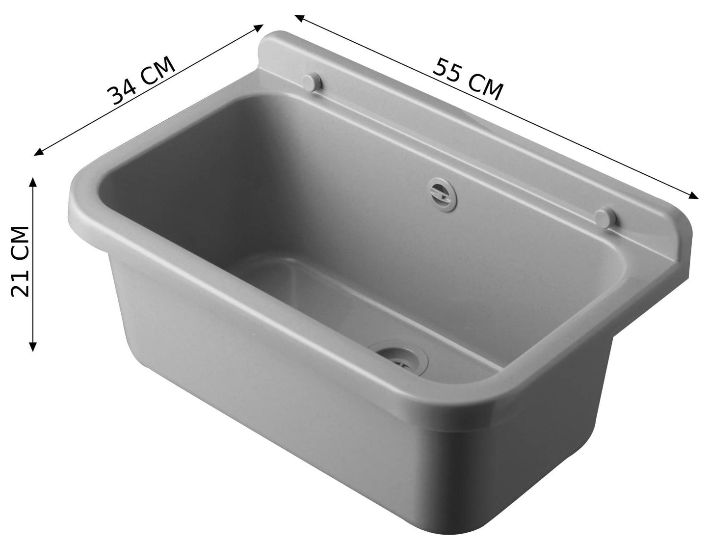 Negrari Pilozzo 55 2051AG Vasca Grigio 55X34 H21 cm Capacità 18 Litri Lavabo Muro in Polipropilene Resistente Agenti Atmosferici Acidi Prodotti Chimici Adatto Per Interno Esterno Bagno Lavanderia Con Alzatina Sifone Piletta Troppopieno Kit Fissaggio