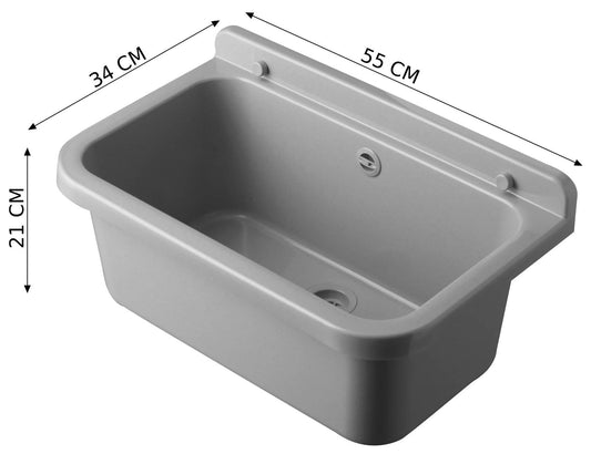 Negrari Pilozzo 55 2051AG Vasca Grigio 55X34 H21 cm Capacità 18 Litri Lavabo Muro in Polipropilene Resistente Agenti Atmosferici Acidi Prodotti Chimici Adatto Per Interno Esterno Bagno Lavanderia Con Alzatina Sifone Piletta Troppopieno Kit Fissaggio