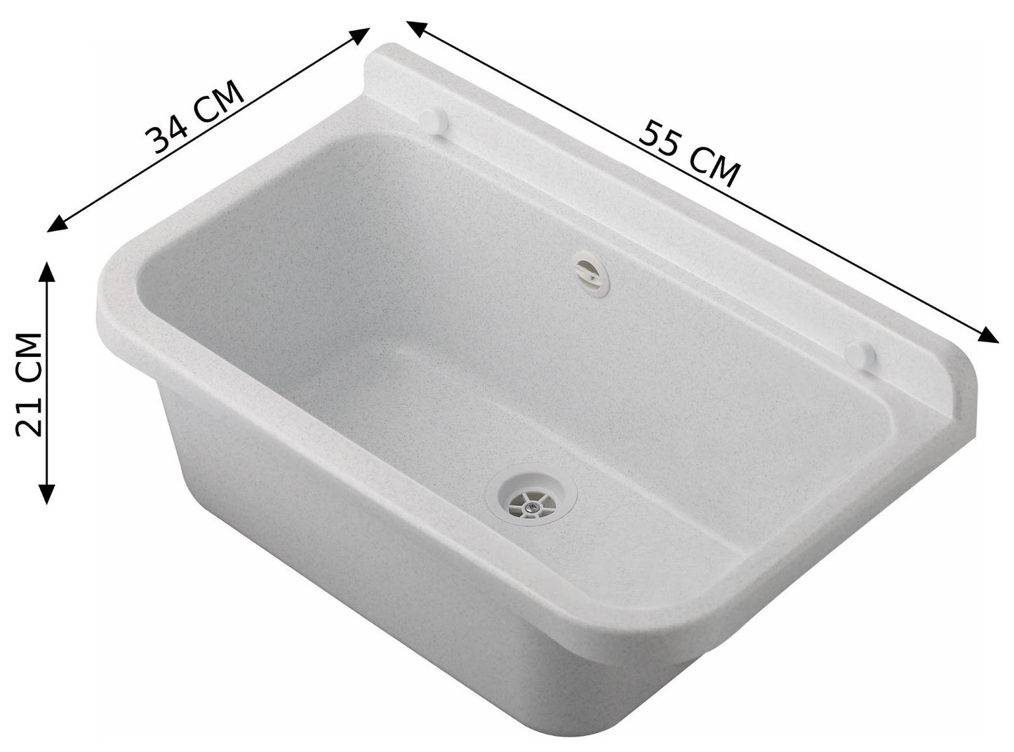 Negrari Pilozzo 55 2051AM Vasca Marmo Bianco 55X34 H21 cm Capacità 18 Litri Lavabo Muro in Polipropilene Resistente Agenti Atmosferici Acidi Prodotti Chimici Adatto Per Interno Esterno Bagno Lavanderia Con Alzatina Sifone Piletta Troppopieno Kit Fissaggio