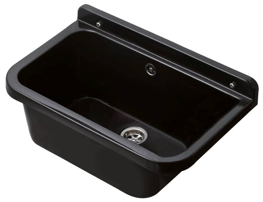 Negrari Pilozzo 55 2051AN Vasca Nero 55X34 H21 cm Capacità 18 Litri Lavandino a Muro in Polipropilene Resistente Agenti Atmosferici Acidi Prodotti Chimici Adatto Per Interno Esterno Bagno Lavanderia Con Alzatina Sifone Piletta Troppopieno Kit Fissaggio