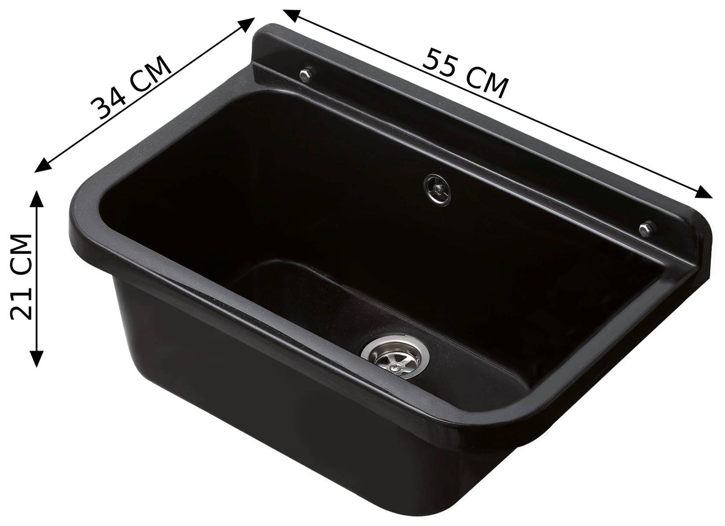 Negrari Pilozzo 55 2051AN Vasca Nero 55X34 H21 cm Capacità 18 Litri Lavandino a Muro in Polipropilene Resistente Agenti Atmosferici Acidi Prodotti Chimici Adatto Per Interno Esterno Bagno Lavanderia Con Alzatina Sifone Piletta Troppopieno Kit Fissaggio