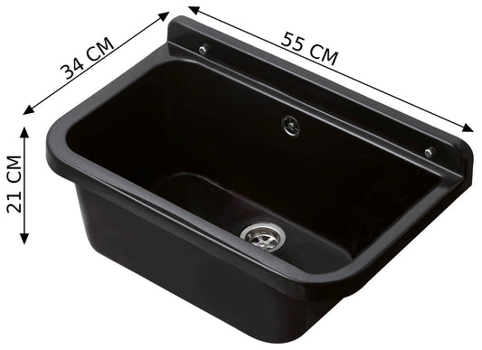 Negrari Pilozzo 55 2051AN Vasca Nero 55X34 H21 cm Capacità 18 Litri Lavandino a Muro in Polipropilene Resistente Agenti Atmosferici Acidi Prodotti Chimici Adatto Per Interno Esterno Bagno Lavanderia Con Alzatina Sifone Piletta Troppopieno Kit Fissaggio