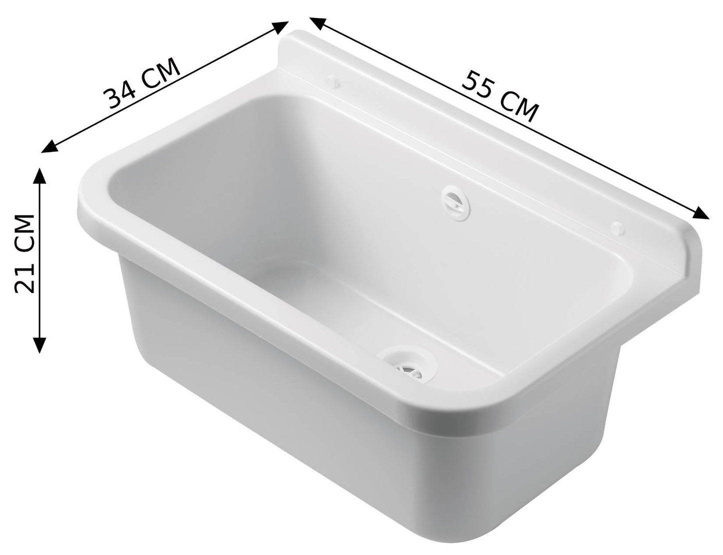 Negrari Pilozzo 55 2051A Vasca Bianco Lucido 55X34 H21cm Capacità 18 Litri Lavabo Muro in Polipropilene Resistente Agenti Atmosferici Acidi Prodotti Chimici Adatto Per Interno Esterno Bagno Lavanderia Con Alzatina Sifone Piletta Troppopieno Kit Fissaggio