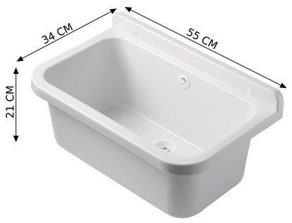 Negrari Pilozzo 55 2051A Vasca Bianco Lucido 55X34 H21cm Capacità 18 Litri Lavabo Muro in Polipropilene Resistente Agenti Atmosferici Acidi Prodotti Chimici Adatto Per Interno Esterno Bagno Lavanderia Con Alzatina Sifone Piletta Troppopieno Kit Fissaggio