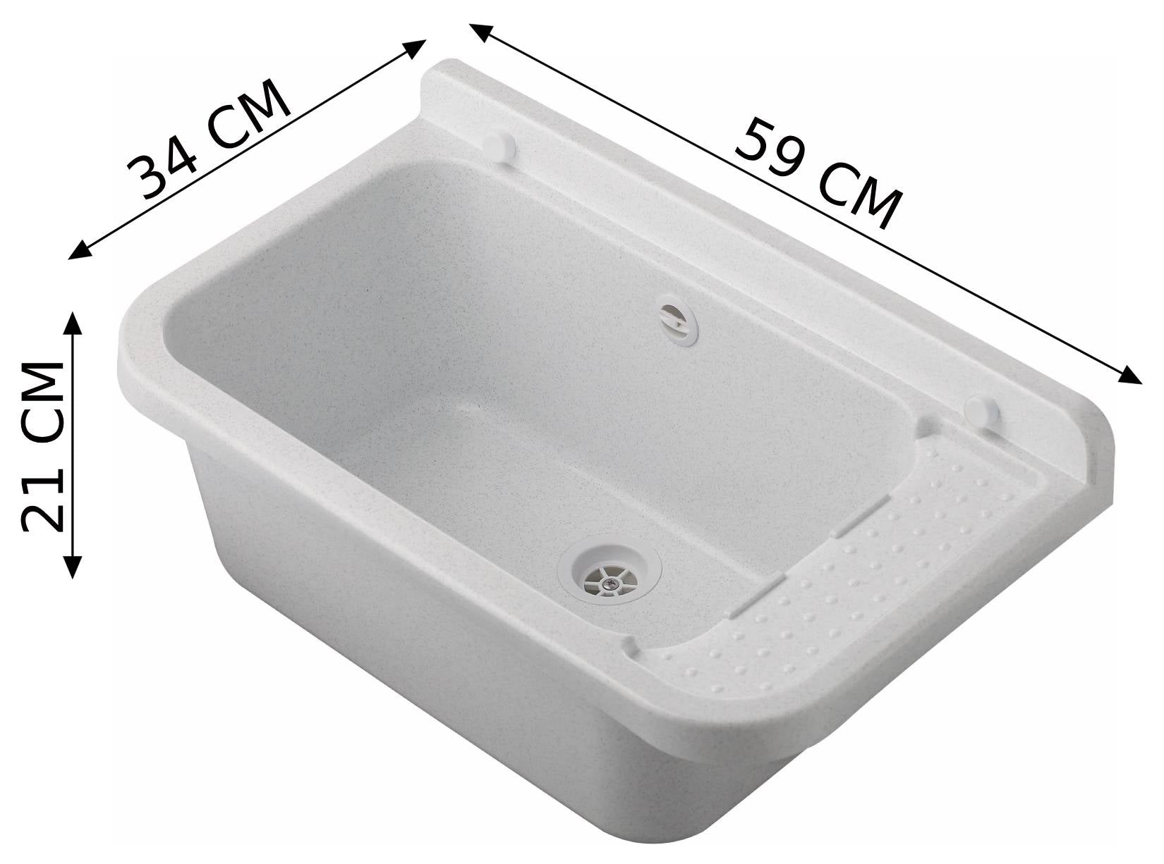 Negrari Pilozzo 60 2051BM Vasca Marmo Bianco 59X34 H21 cm Capacità 17 Litri Lavandino Muro in Polipropilene Resistente Agenti Atmosferici Acidi Prodotti Chimici Adatto Per Interno Esterno Bagno Lavanderia Con Appoggio Ripiano Sifone Piletta Kit Fissaggio