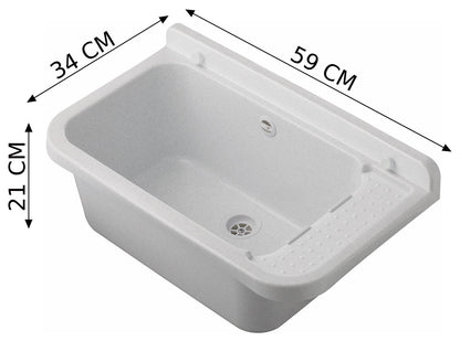 Negrari Pilozzo 60 2051BM Vasca Marmo Bianco 59X34 H21 cm Capacità 17 Litri Lavandino Muro in Polipropilene Resistente Agenti Atmosferici Acidi Prodotti Chimici Adatto Per Interno Esterno Bagno Lavanderia Con Appoggio Ripiano Sifone Piletta Kit Fissaggio