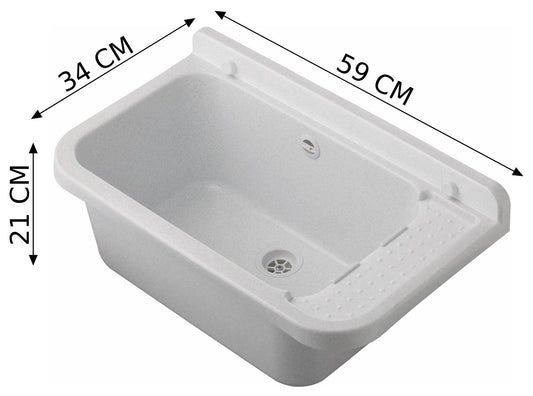 Negrari Pilozzo 60 2051BM Vasca Marmo Bianco 59X34 H21 cm Capacità 17 Litri Lavandino Muro in Polipropilene Resistente Agenti Atmosferici Acidi Prodotti Chimici Adatto Per Interno Esterno Bagno Lavanderia Con Appoggio Ripiano Sifone Piletta Kit Fissaggio