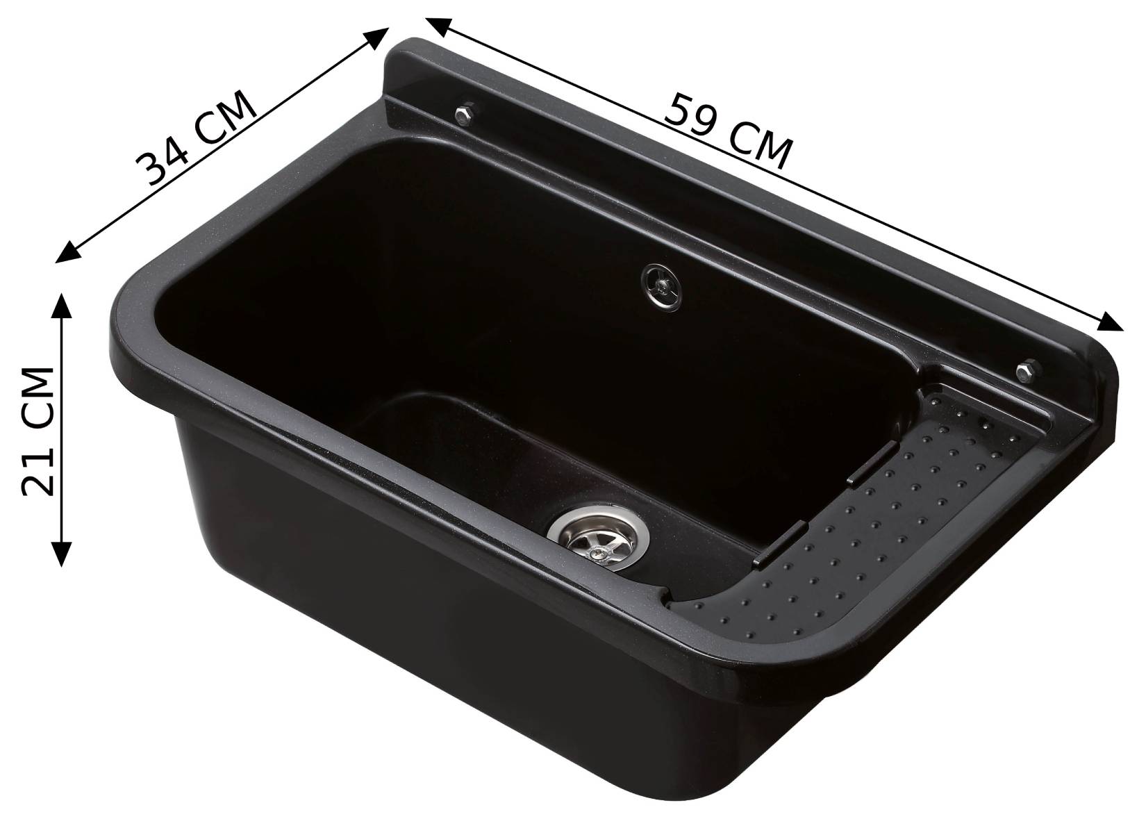 Negrari Pilozzo 60 2051BN Vasca Colore Nero 59X34 H21 cm Capacità 17 Litri Lavandino Muro in Polipropilene Resistente Agenti Atmosferici Acidi Prodotti Chimici Adatto Per Interno Esterno Bagno Lavanderia Con Appoggio Ripiano Sifone Piletta Kit Fissaggio