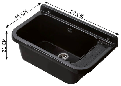 Negrari Pilozzo 60 2051BN Vasca Colore Nero 59X34 H21 cm Capacità 17 Litri Lavandino Muro in Polipropilene Resistente Agenti Atmosferici Acidi Prodotti Chimici Adatto Per Interno Esterno Bagno Lavanderia Con Appoggio Ripiano Sifone Piletta Kit Fissaggio