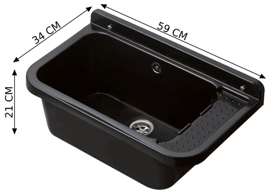Negrari Pilozzo 60 2051BN Vasca Colore Nero 59X34 H21 cm Capacità 17 Litri Lavandino Muro in Polipropilene Resistente Agenti Atmosferici Acidi Prodotti Chimici Adatto Per Interno Esterno Bagno Lavanderia Con Appoggio Ripiano Sifone Piletta Kit Fissaggio