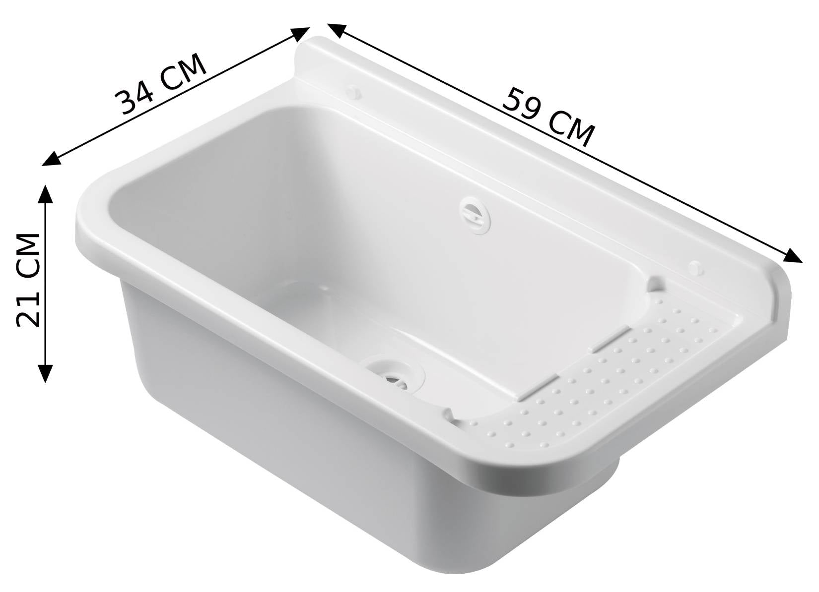 Negrari Pilozzo 60 2051B Vasca Bianco Lucido 59X34 H21 cm Capacità 17 Litri Lavabo a Muro in Polipropilene Resistente Agenti Atmosferici Acidi Prodotti Chimici Adatto Per Interno Esterno Bagno Lavanderia Con Appoggio Ripiano Sifone Piletta Kit Fissaggio