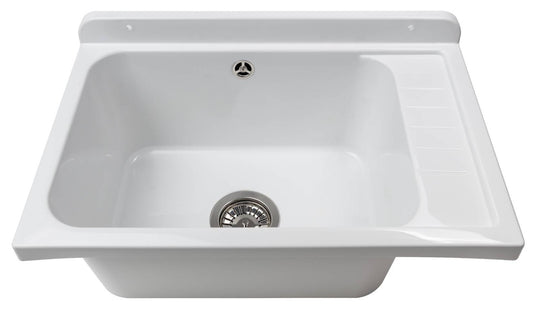 Negrari Pilozzo Plus 2051F Vasca Bianco Lucido 58x38 H26 cm Capacità 17 Litri Lavabo a Muro in Polipropilene Resistente Agenti Atmosferici Acidi Prodotti Chimici Adatto Per Interno Esterno Bagno Lavanderia Con Appoggio Ripiano Sifone Piletta Kit Fissaggio