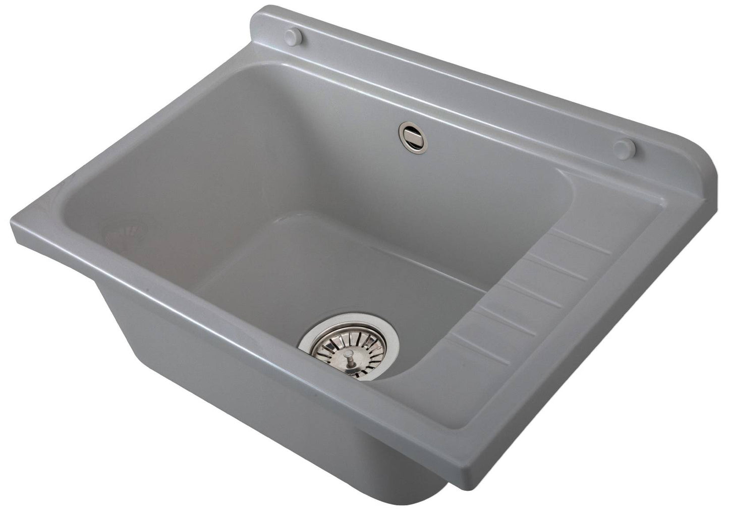 Negrari Pilozzo Plus 2051FG Vasca Colore Grigio 58x38 H26 cm Capacità 17 Litri Lavabo Muro in Polipropilene Resistente Agenti Atmosferici Acidi Prodotti Chimici Adatto Per Interno Esterno Bagno Lavanderia Con Appoggio Ripiano Sifone Piletta Kit Fissaggio