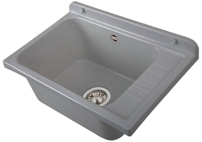 Negrari Pilozzo Plus 2051FG Vasca Colore Grigio 58x38 H26 cm Capacità 17 Litri Lavabo Muro in Polipropilene Resistente Agenti Atmosferici Acidi Prodotti Chimici Adatto Per Interno Esterno Bagno Lavanderia Con Appoggio Ripiano Sifone Piletta Kit Fissaggio