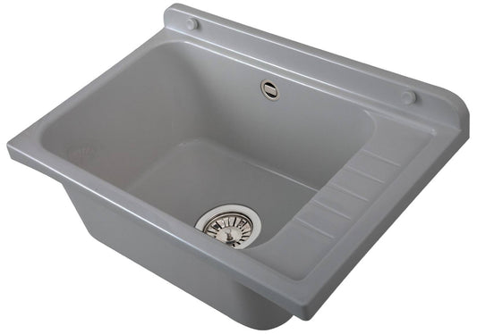Negrari Pilozzo Plus 2051FG Vasca Colore Grigio 58x38 H26 cm Capacità 17 Litri Lavabo Muro in Polipropilene Resistente Agenti Atmosferici Acidi Prodotti Chimici Adatto Per Interno Esterno Bagno Lavanderia Con Appoggio Ripiano Sifone Piletta Kit Fissaggio
