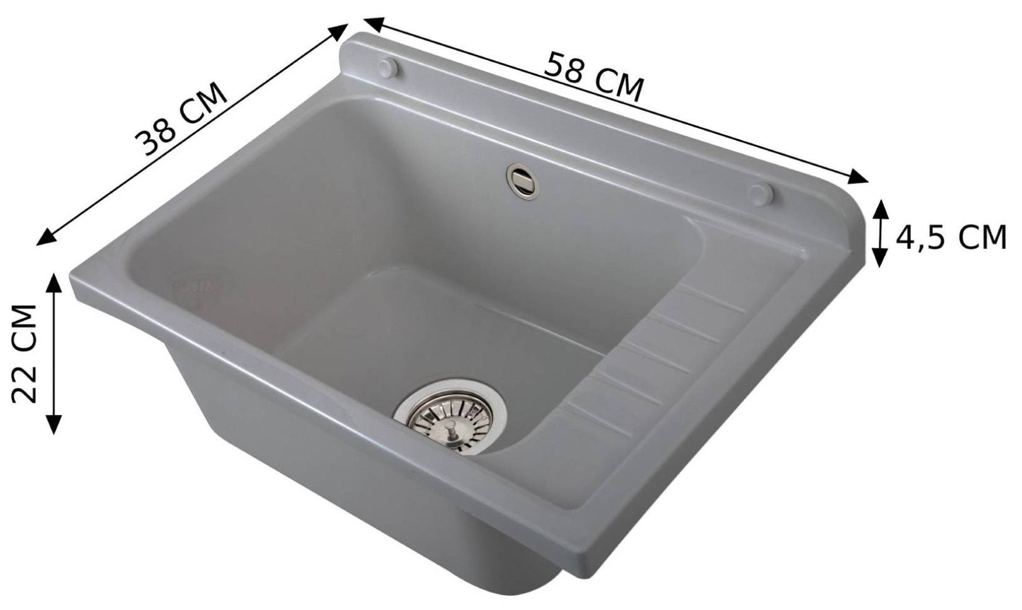 Negrari Pilozzo Plus 2051FG Vasca Colore Grigio 58x38 H26 cm Capacità 17 Litri Lavabo Muro in Polipropilene Resistente Agenti Atmosferici Acidi Prodotti Chimici Adatto Per Interno Esterno Bagno Lavanderia Con Appoggio Ripiano Sifone Piletta Kit Fissaggio