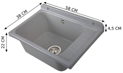 Negrari Pilozzo Plus 2051FG Vasca Colore Grigio 58x38 H26 cm Capacità 17 Litri Lavabo Muro in Polipropilene Resistente Agenti Atmosferici Acidi Prodotti Chimici Adatto Per Interno Esterno Bagno Lavanderia Con Appoggio Ripiano Sifone Piletta Kit Fissaggio