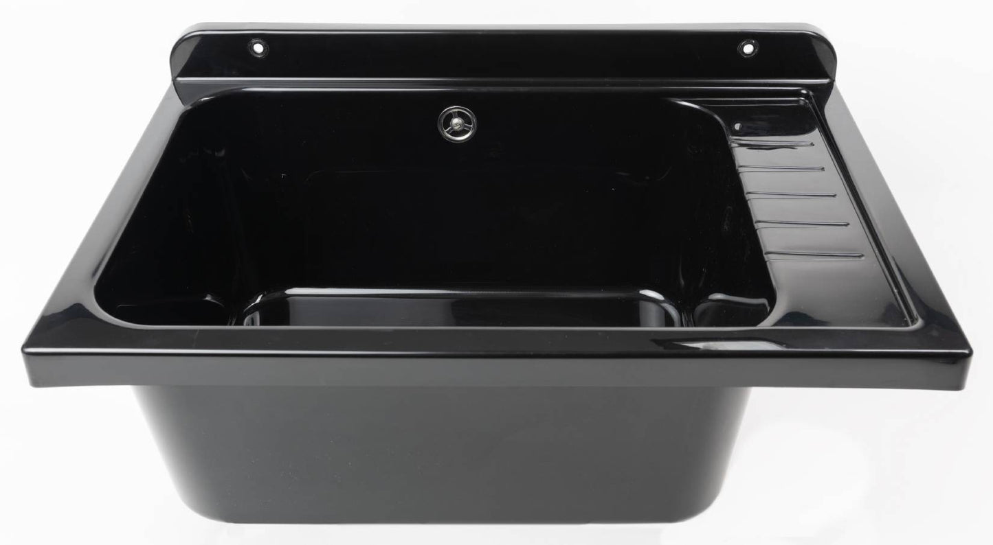 Negrari Pilozzo Plus 2051FG Vasca Colore Nero 58x38 H26 cm Capacità 17 Litri Lavabo a Muro in Polipropilene Resistente Agenti Atmosferici Acidi Prodotti Chimici Adatto Per Interno Esterno Bagno Lavanderia Con Appoggio Ripiano Sifone Piletta Kit Fissaggio