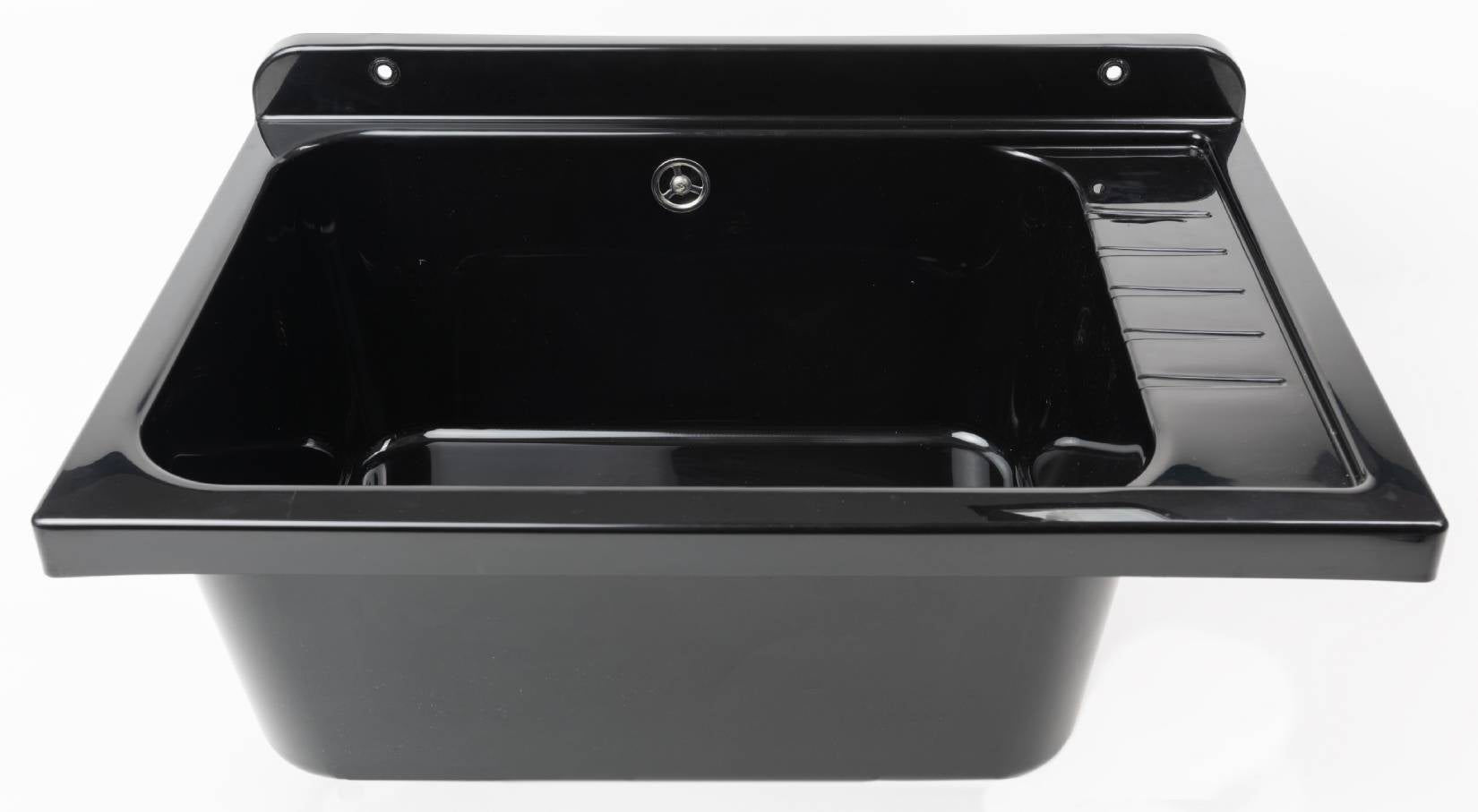 Negrari Pilozzo Plus 2051FG Vasca Colore Nero 58x38 H26 cm Capacità 17 Litri Lavabo a Muro in Polipropilene Resistente Agenti Atmosferici Acidi Prodotti Chimici Adatto Per Interno Esterno Bagno Lavanderia Con Appoggio Ripiano Sifone Piletta Kit Fissaggio