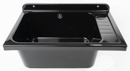 Negrari Pilozzo Plus 2051FG Vasca Colore Nero 58x38 H26 cm Capacità 17 Litri Lavabo a Muro in Polipropilene Resistente Agenti Atmosferici Acidi Prodotti Chimici Adatto Per Interno Esterno Bagno Lavanderia Con Appoggio Ripiano Sifone Piletta Kit Fissaggio