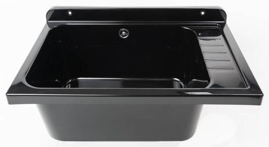 Negrari Pilozzo Plus 2051FG Vasca Colore Nero 58x38 H26 cm Capacità 17 Litri Lavabo a Muro in Polipropilene Resistente Agenti Atmosferici Acidi Prodotti Chimici Adatto Per Interno Esterno Bagno Lavanderia Con Appoggio Ripiano Sifone Piletta Kit Fissaggio