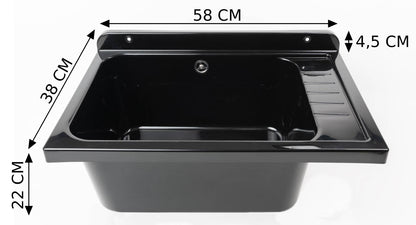 Negrari Pilozzo Plus 2051FG Vasca Colore Nero 58x38 H26 cm Capacità 17 Litri Lavabo a Muro in Polipropilene Resistente Agenti Atmosferici Acidi Prodotti Chimici Adatto Per Interno Esterno Bagno Lavanderia Con Appoggio Ripiano Sifone Piletta Kit Fissaggio