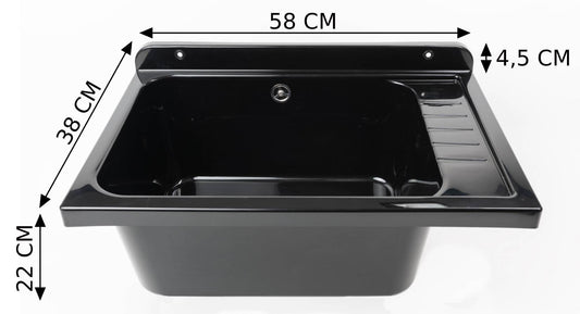 Negrari Pilozzo Plus 2051FG Vasca Colore Nero 58x38 H26 cm Capacità 17 Litri Lavabo a Muro in Polipropilene Resistente Agenti Atmosferici Acidi Prodotti Chimici Adatto Per Interno Esterno Bagno Lavanderia Con Appoggio Ripiano Sifone Piletta Kit Fissaggio