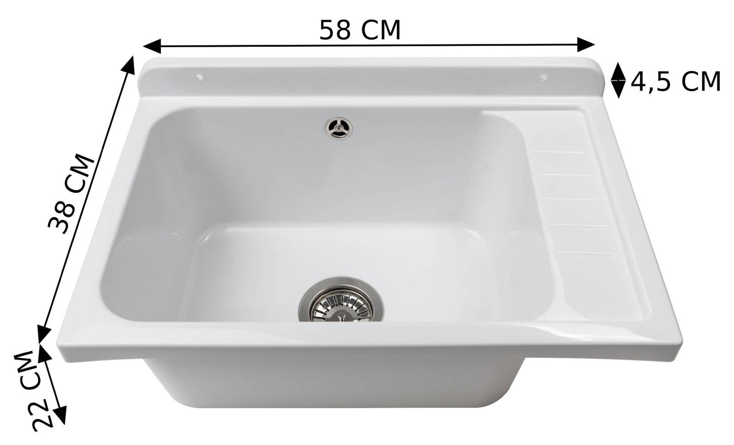 Negrari Pilozzo Plus 2051F Vasca Bianco Lucido 58x38 H26 cm Capacità 17 Litri Lavabo a Muro in Polipropilene Resistente Agenti Atmosferici Acidi Prodotti Chimici Adatto Per Interno Esterno Bagno Lavanderia Con Appoggio Ripiano Sifone Piletta Kit Fissaggio