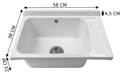 Negrari Pilozzo Plus 2051F Vasca Bianco Lucido 58x38 H26 cm Capacità 17 Litri Lavabo a Muro in Polipropilene Resistente Agenti Atmosferici Acidi Prodotti Chimici Adatto Per Interno Esterno Bagno Lavanderia Con Appoggio Ripiano Sifone Piletta Kit Fissaggio