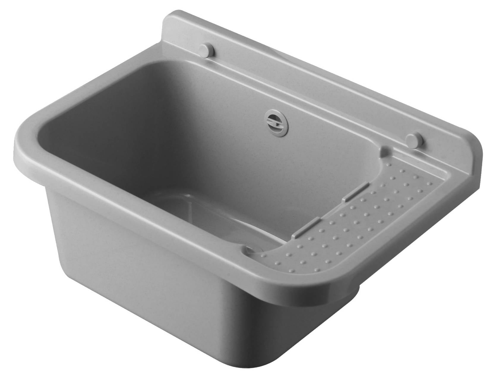 Negrari Pilozzo 2051G Vasca Colore Grigio 50X34 H21 cm Capacità 13,5 Litri Lavabo a Muro in Polipropilene Resistente ad Agenti Atmosferici Acidi Prodotti Chimici Adatto Per Interno Esterno Bagno Lavanderia Con Appoggio Ripiano Sifone Piletta Kit Fissaggio