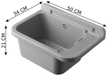 Negrari Pilozzo 2051G Vasca Colore Grigio 50X34 H21 cm Capacità 13,5 Litri Lavabo a Muro in Polipropilene Resistente ad Agenti Atmosferici Acidi Prodotti Chimici Adatto Per Interno Esterno Bagno Lavanderia Con Appoggio Ripiano Sifone Piletta Kit Fissaggio