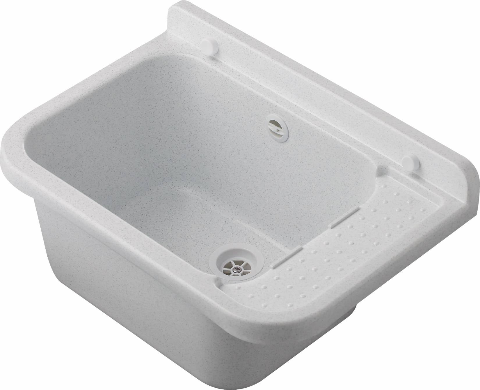 Negrari Pilozzo 2051M Vasca Marmo Bianco 50X34 H21 cm Capacità 13,5 Litri Lavabo a Muro in Polipropilene Resistente ad Agenti Atmosferici Acidi Prodotti Chimici Adatto Per Interno Esterno Bagno Lavanderia Con Appoggio Ripiano Sifone Piletta Kit Fissaggio