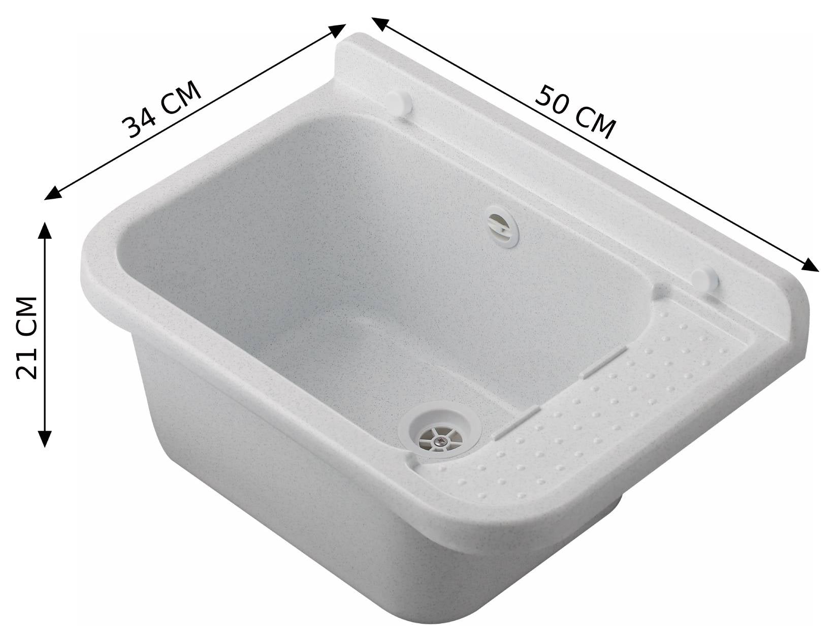 Negrari Pilozzo 2051M Vasca Marmo Bianco 50X34 H21 cm Capacità 13,5 Litri Lavabo a Muro in Polipropilene Resistente ad Agenti Atmosferici Acidi Prodotti Chimici Adatto Per Interno Esterno Bagno Lavanderia Con Appoggio Ripiano Sifone Piletta Kit Fissaggio