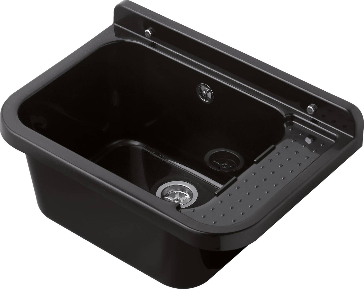 Negrari Pilozzo 2051N Vasca Colore Nero 50X34 H21 cm Capacità 13,5 Litri Lavabo a Muro in Polipropilene Resistente ad Agenti Atmosferici Acidi Prodotti Chimici Adatto Per Interno Esterno Bagno Lavanderia Con Appoggio Ripiano Sifone Piletta Kit Fissaggio