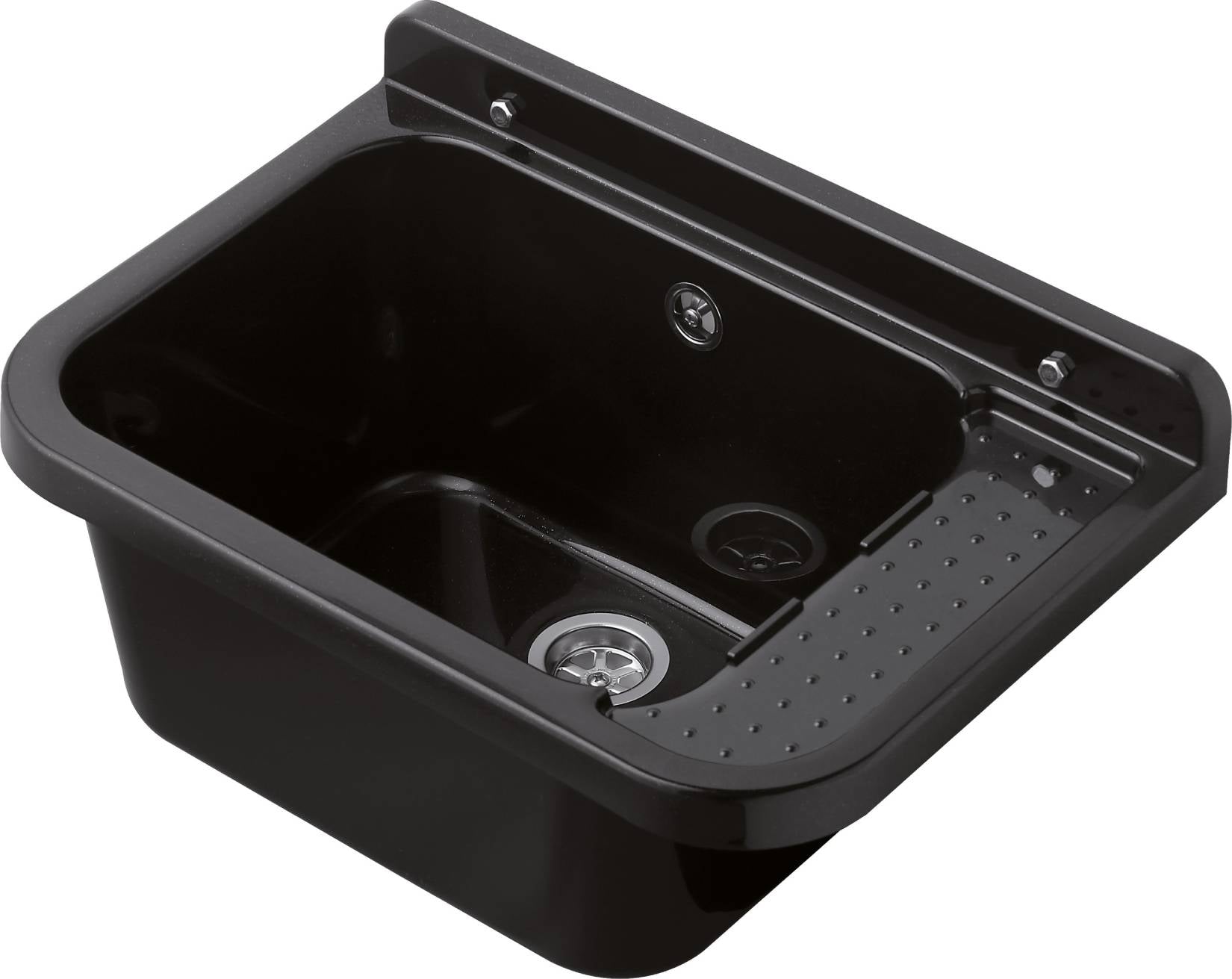 Negrari Pilozzo 2051N Vasca Colore Nero 50X34 H21 cm Capacità 13,5 Litri Lavabo a Muro in Polipropilene Resistente ad Agenti Atmosferici Acidi Prodotti Chimici Adatto Per Interno Esterno Bagno Lavanderia Con Appoggio Ripiano Sifone Piletta Kit Fissaggio