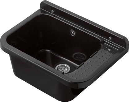 Negrari Pilozzo 2051N Vasca Colore Nero 50X34 H21 cm Capacità 13,5 Litri Lavabo a Muro in Polipropilene Resistente ad Agenti Atmosferici Acidi Prodotti Chimici Adatto Per Interno Esterno Bagno Lavanderia Con Appoggio Ripiano Sifone Piletta Kit Fissaggio