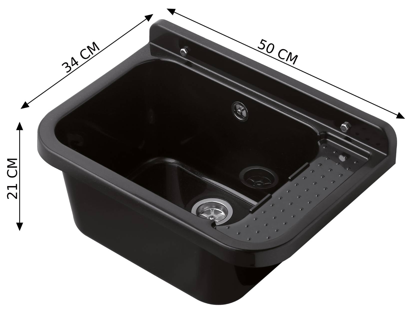 Negrari Pilozzo 2051N Vasca Colore Nero 50X34 H21 cm Capacità 13,5 Litri Lavabo a Muro in Polipropilene Resistente ad Agenti Atmosferici Acidi Prodotti Chimici Adatto Per Interno Esterno Bagno Lavanderia Con Appoggio Ripiano Sifone Piletta Kit Fissaggio