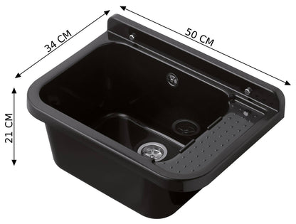 Negrari Pilozzo 2051N Vasca Colore Nero 50X34 H21 cm Capacità 13,5 Litri Lavabo a Muro in Polipropilene Resistente ad Agenti Atmosferici Acidi Prodotti Chimici Adatto Per Interno Esterno Bagno Lavanderia Con Appoggio Ripiano Sifone Piletta Kit Fissaggio