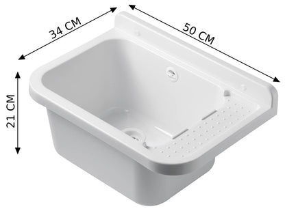 Negrari Pilozzo 2051 Vasca Bianco Lucido 50X34 H21 cm Capacità 13,5 Litri Lavabo a Muro in Polipropilene Resistente ad Agenti Atmosferici Acidi Prodotti Chimici Adatto Per Interno Esterno Bagno Lavanderia Con Appoggio Ripiano Sifone Piletta Kit Fissaggio