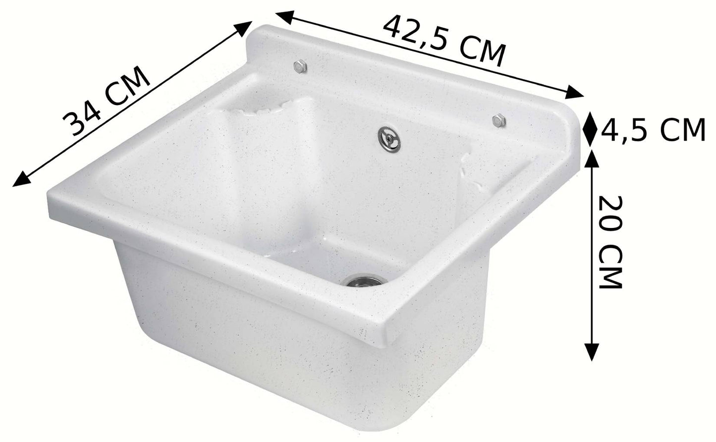 Negrari Pilozzo Mini 2051DM Lavandino Bianco Marmo 42,5x34 H20 cm Capacità 11,5 Lt Lavabo Piccolo Muro Vasca in Polipropilene Resistente ad Agenti Atmosferici Acidi Prodotti Chimici Per Interno Esterno Bagno Lavanderia Con Appoggio Ripiani Sifone Piletta