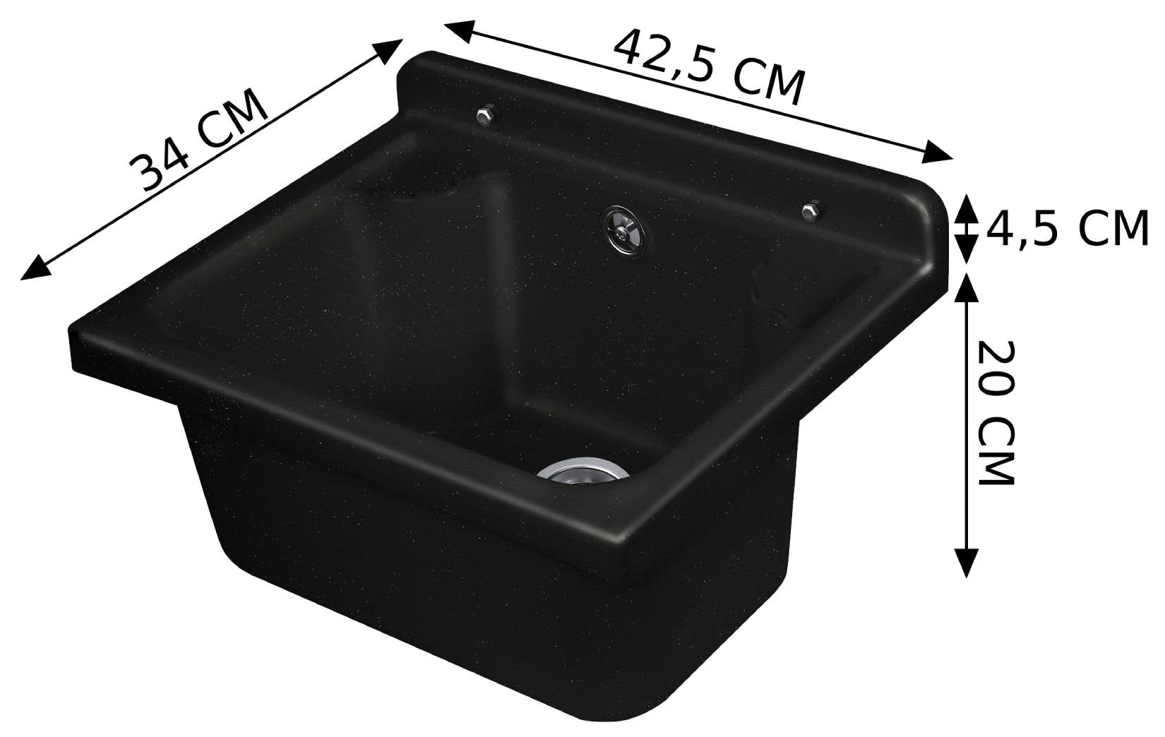 Negrari Pilozzo Mini 2051DN Lavandino Nero 42,5x34 H20 cm Capacità 11,5 Litri Lavabo Piccolo a Muro Vasca in Polipropilene Resistente ad Agenti Atmosferici Acidi Prodotti Chimici Per Interno Esterno Bagno Lavanderia Con Appoggio Ripiani Sifone Piletta