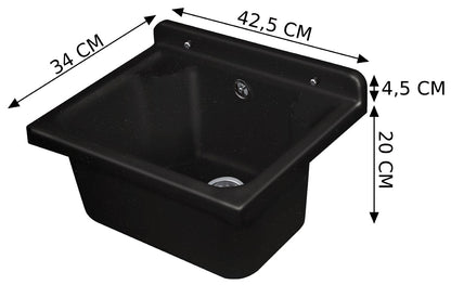 Negrari Pilozzo Mini 2051DN Lavandino Nero 42,5x34 H20 cm Capacità 11,5 Litri Lavabo Piccolo a Muro Vasca in Polipropilene Resistente ad Agenti Atmosferici Acidi Prodotti Chimici Per Interno Esterno Bagno Lavanderia Con Appoggio Ripiani Sifone Piletta