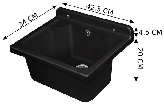 Negrari Pilozzo Mini 2051DN Lavandino Nero 42,5x34 H20 cm Capacità 11,5 Litri Lavabo Piccolo a Muro Vasca in Polipropilene Resistente ad Agenti Atmosferici Acidi Prodotti Chimici Per Interno Esterno Bagno Lavanderia Con Appoggio Ripiani Sifone Piletta