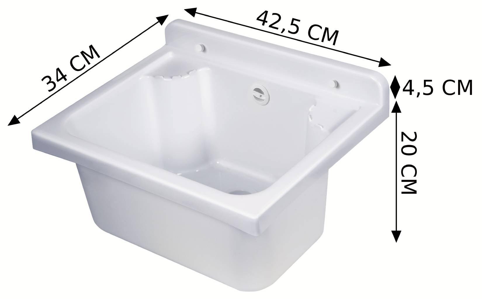 Negrari Pilozzo Mini 2051D Vasca Bianco 42,5x34 H20 cm Capacità 11,5 Litri Lavabo Piccolo a Muro in Polipropilene Resistente ad Agenti Atmosferici Acidi Prodotti Chimici Per Interno Esterno Bagno Lavanderia Con Appoggi Ripiani Sifone Piletta Kit Fissaggio